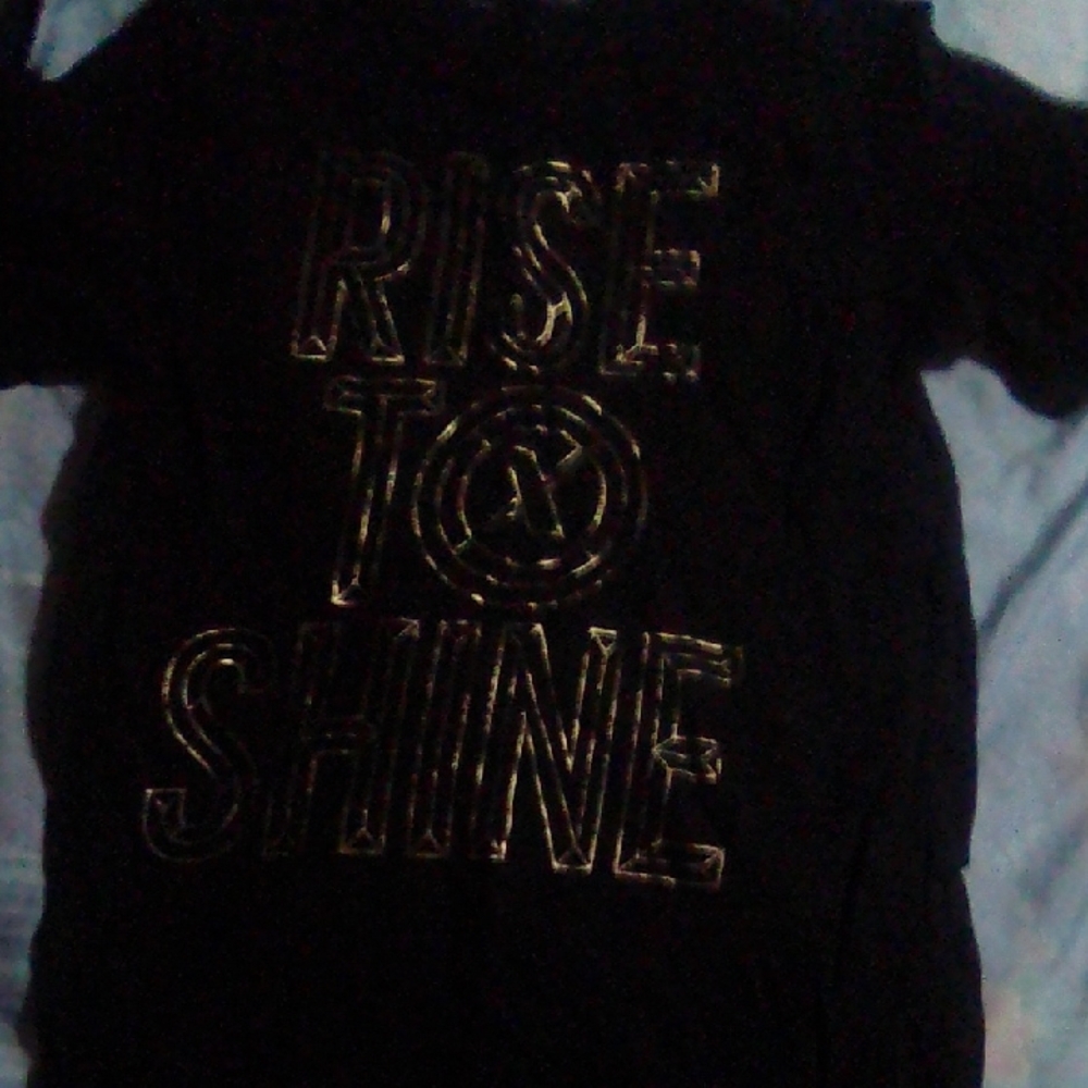 Xersion Black and Gold Short Sleeve Tee with"Rise And Shine" Metallic Design